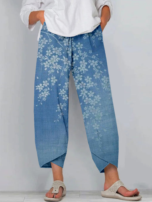 Vintage Japanese Cherry Blossoms Art Cropped Casual Pants