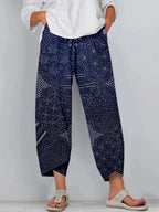 Vintage Japanese Sashiko Art Cropped Casual Pants