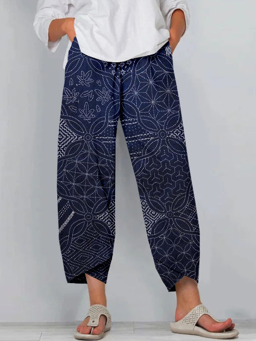 Vintage Japanese Sashiko Art Cropped Casual Pants