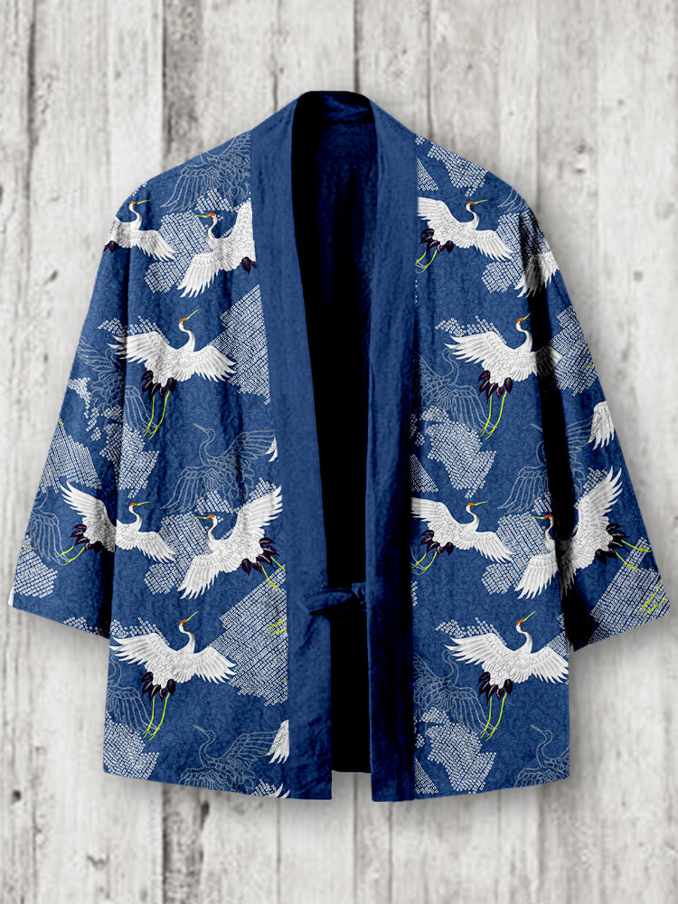 Vintage Cranes Pattern Linen Blend Kimono Cardigan