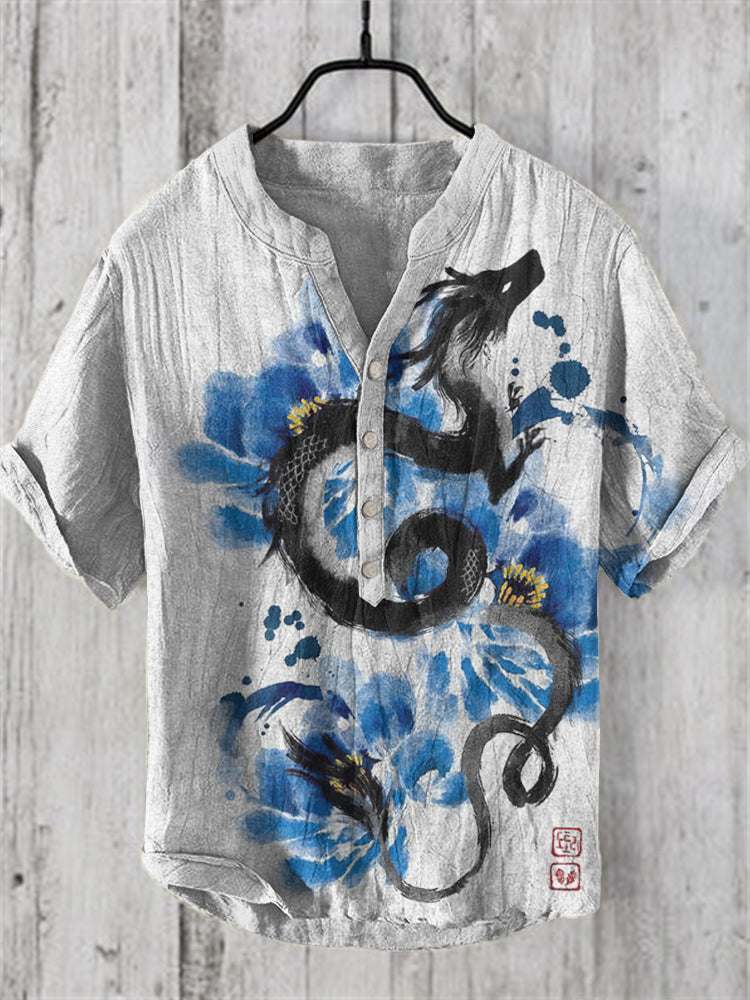 Men'S Japanese Art Dragon Linen Blend Shirt