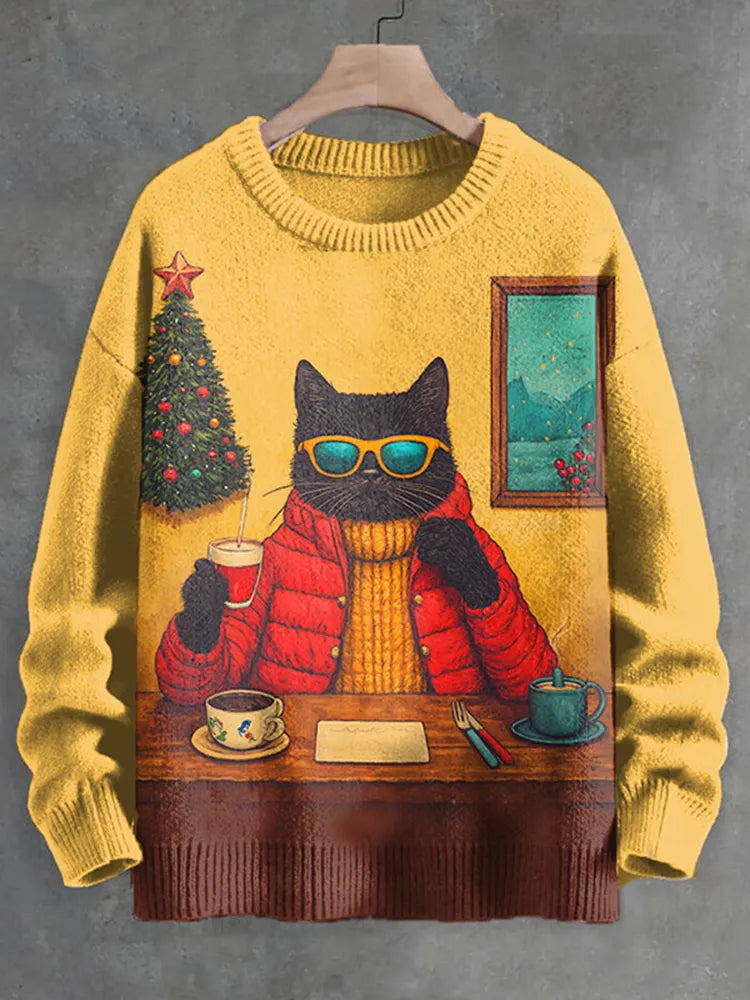 Men's Christmas Black Cat Down Jacket Print Knitted Sweatshirt