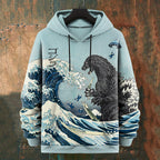 Men's Japanese Great Waves Godzilla Graphics Art Print Casual Hoodie