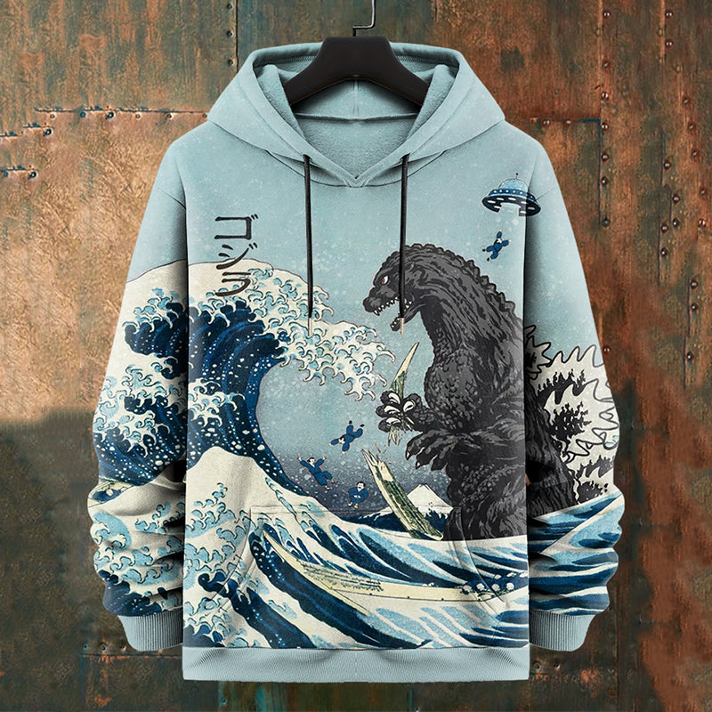 Men's Japanese Great Waves Godzilla Graphics Art Print Casual Hoodie