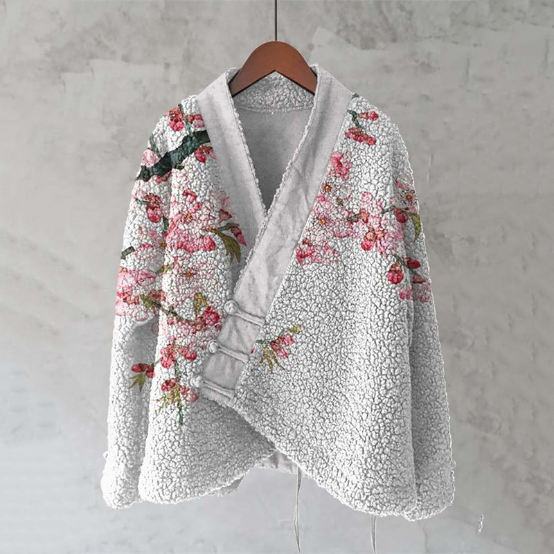 Vintage Ink And Wash Floral Art Cozy Fleece Kimono Cardigan