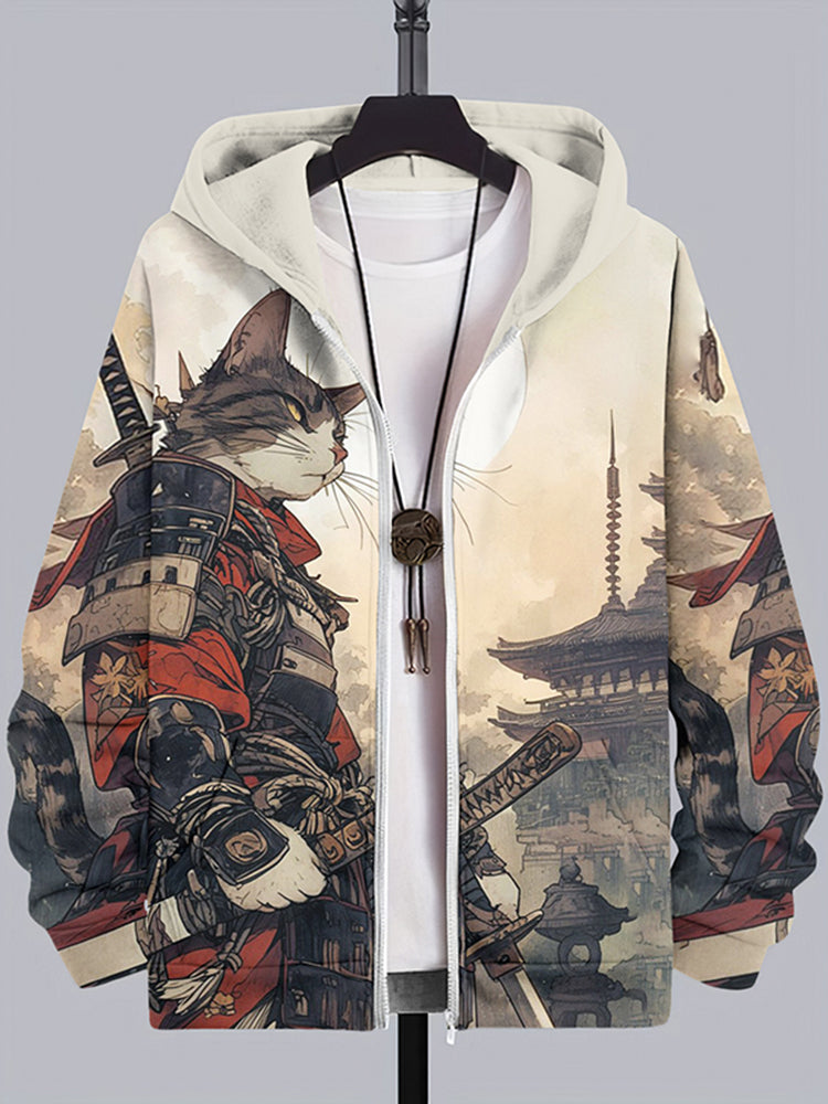 Men's Cat Warrior Guard With Knife Art Print Casual Hooded Zip Up Jacket