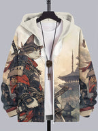 Men's Cat Warrior Guard With Knife Art Print Casual Hooded Zip Up Jacket