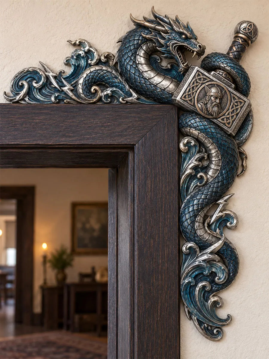 Norse Sea Dragon & Thor’s Hammer Door Frame Corner Decor