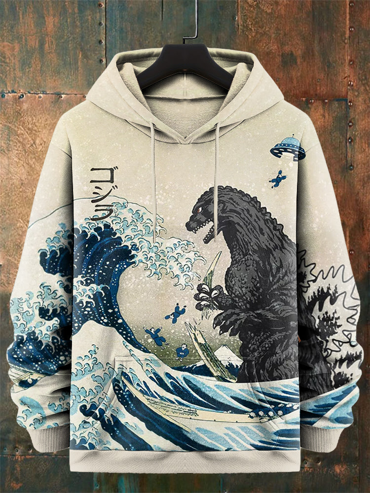 Men's Japanese Great Waves Godzilla Graphics Art Print Casual Hoodie
