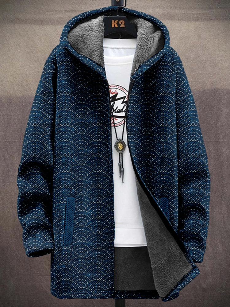 Men's Ocean Waves Japanese Sashiko Art Cozy Hooded Coat