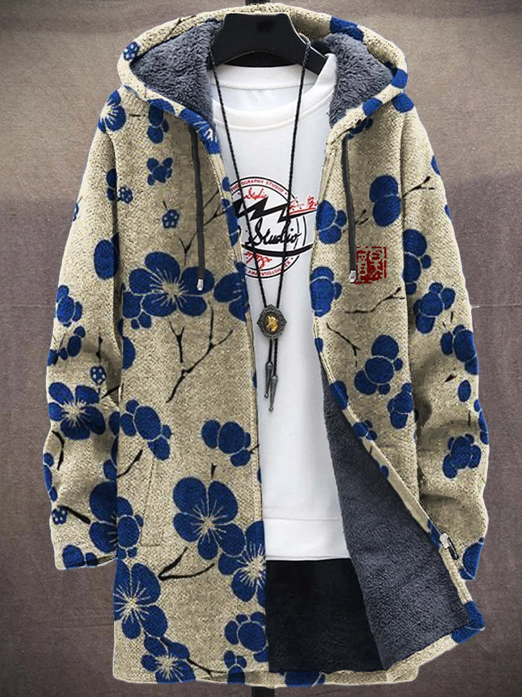 Men's Cherry Blossom Japanese Lino Pattern Cozy Hooded Cardigan
