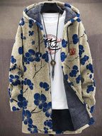 Men's Cherry Blossom Japanese Lino Pattern Cozy Hooded Cardigan