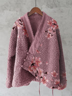 Vintage Japanese Cherry Blossom Art Pattern Plush Kimono Cardigan