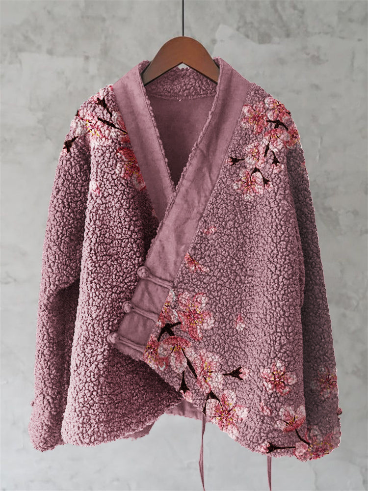 Vintage Japanese Cherry Blossom Art Pattern Plush Kimono Cardigan
