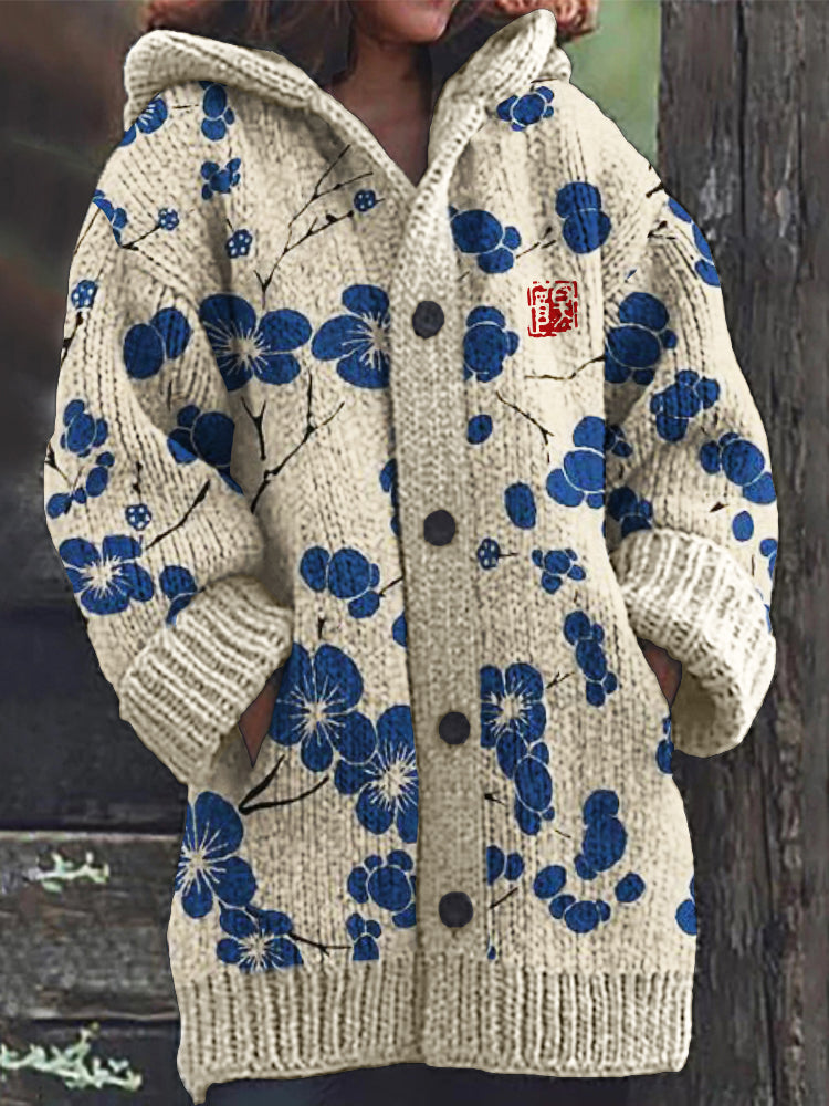 Cherry Blossom Japanese Lino Pattern Cozy Hooded Cardigan