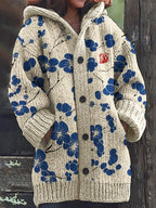 Cherry Blossom Japanese Lino Pattern Cozy Hooded Cardigan