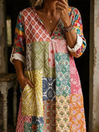 Women's Casual V-Neck Color-Block Printed Cotton-Linen Dress