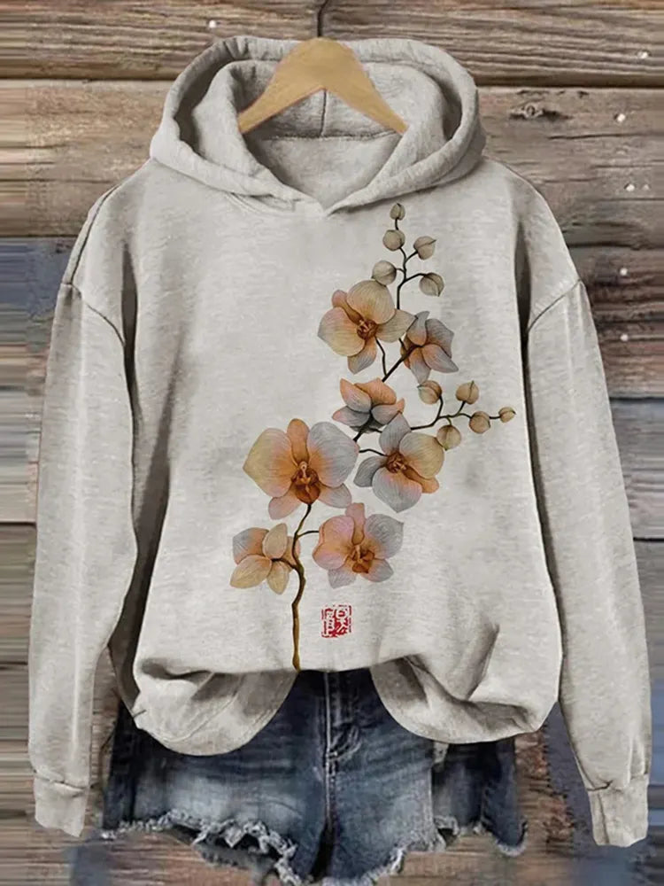 Women's Vintage Phalaenopsis Floral Art Printed Hoodie