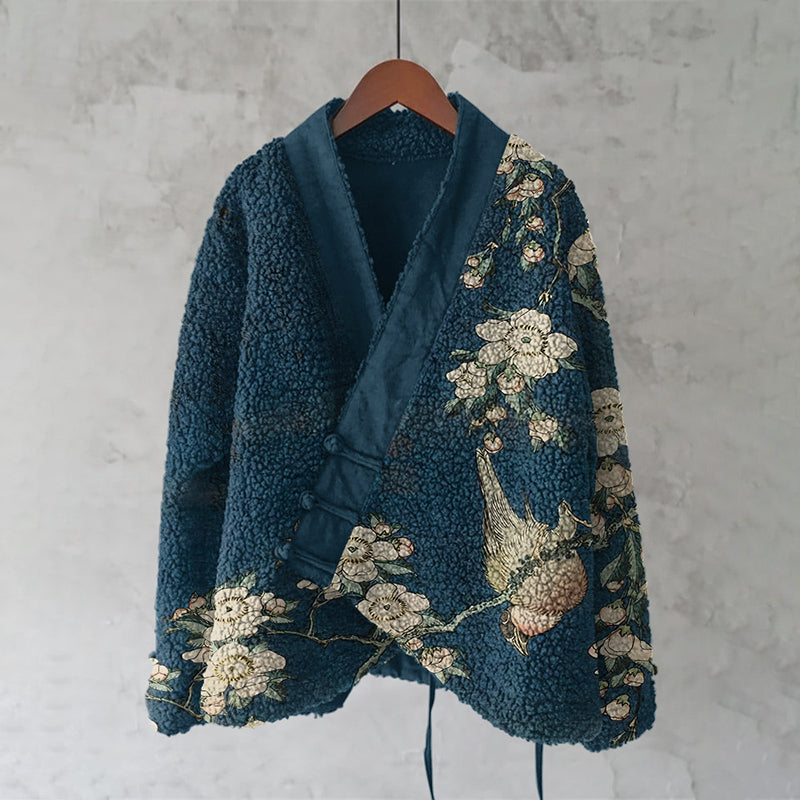 Vintage Japanese Flower And Bird Art Cozy Fleece Kimono Cardigan