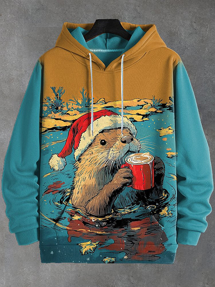 Men's Christmas Otter Drinking Coffee In The Water Japanese Art Print Hooded Sweatshirt