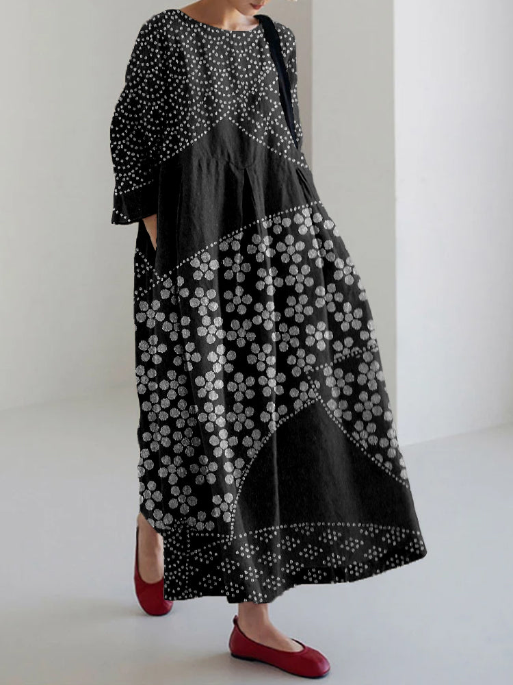 Vintage Japanese Art Pattern Linen Blend Maxi Dress