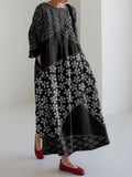 Vintage Japanese Art Pattern Linen Blend Maxi Dress