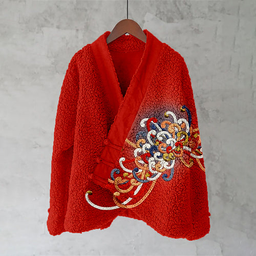 Embroidered Japanese Flower Art Fleece Kimono Cardigan