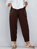 Women's Retro Color Block Floral Cotton Linen Pocket Casual Capri Pants