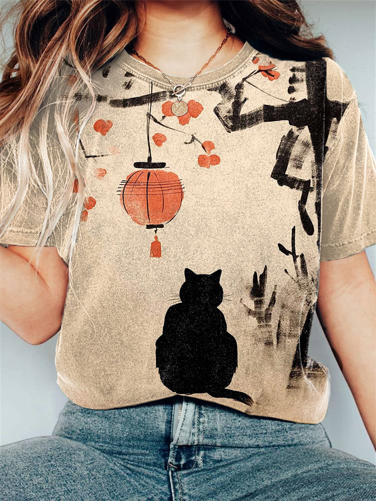 Vintage Japanese Art Cat Print Casual Cozy T-shirt