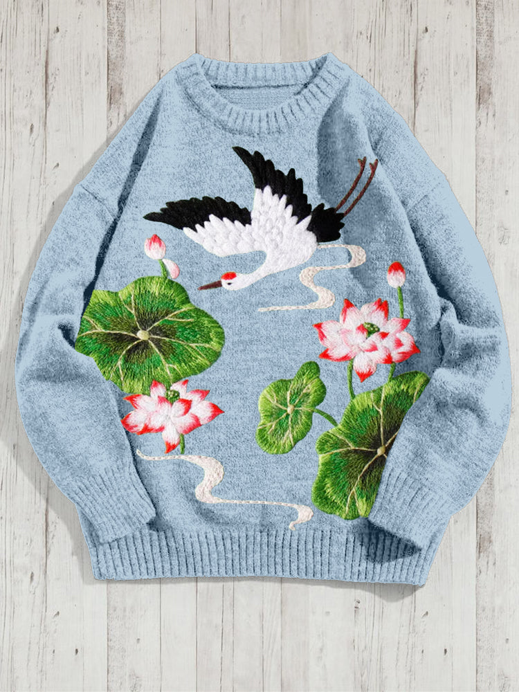 Crane And Lotus Flower Embroidered Cozy Knit Sweater
