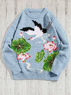 Crane And Lotus Flower Embroidered Cozy Knit Sweater