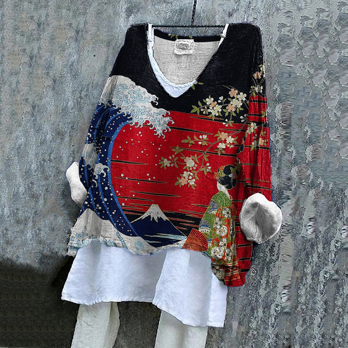 Japanese Style Mount Fuji Wave Dancer Art V-neck Cotton And Linen T-shirt