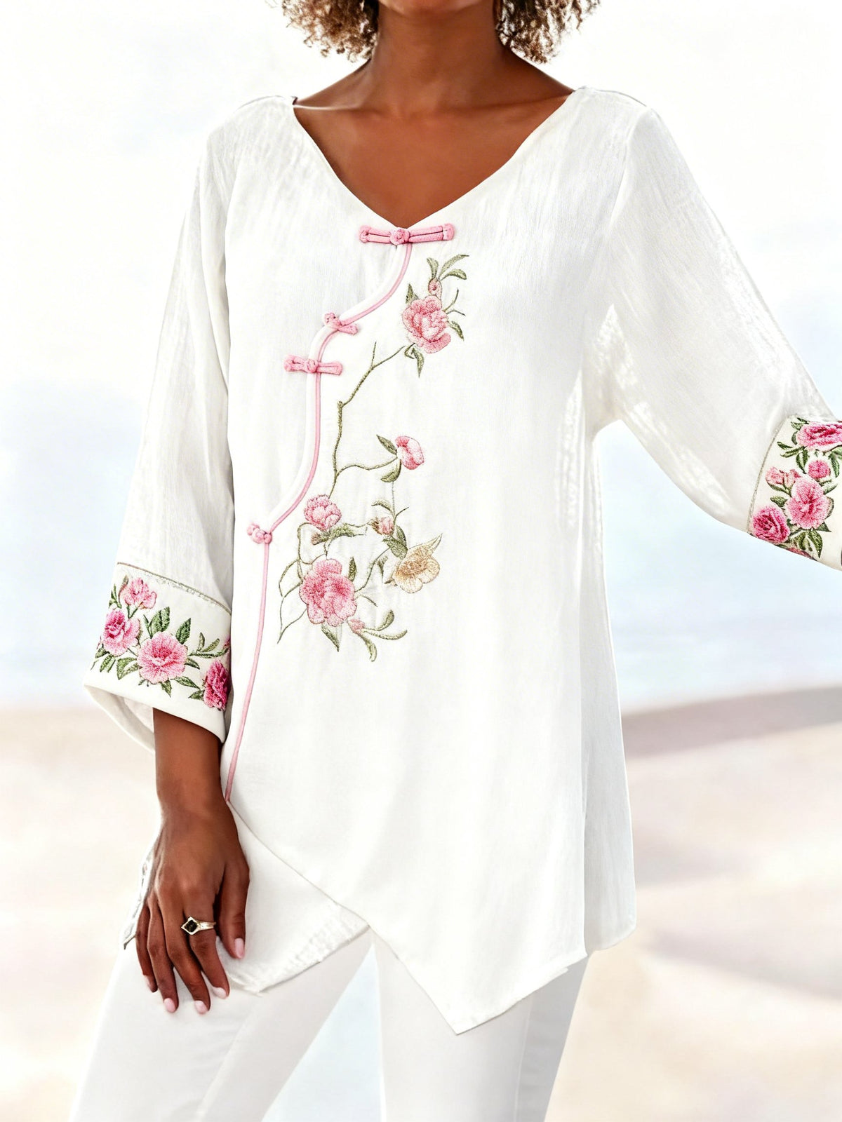 Women Floral Blouse Boho V-Neck Long Sleeve Top