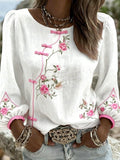 Women Floral Boho Blouse Puff Sleeve Linen Top