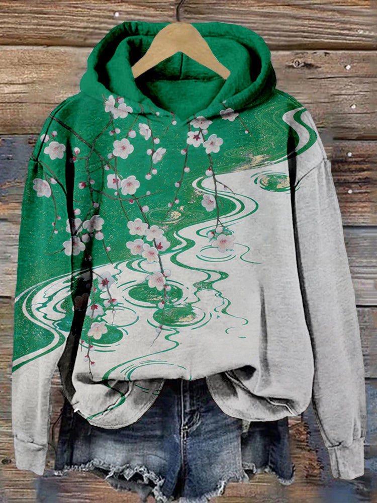 Vintage Plum Blossom Japanese Art Cozy Washed Hoodie