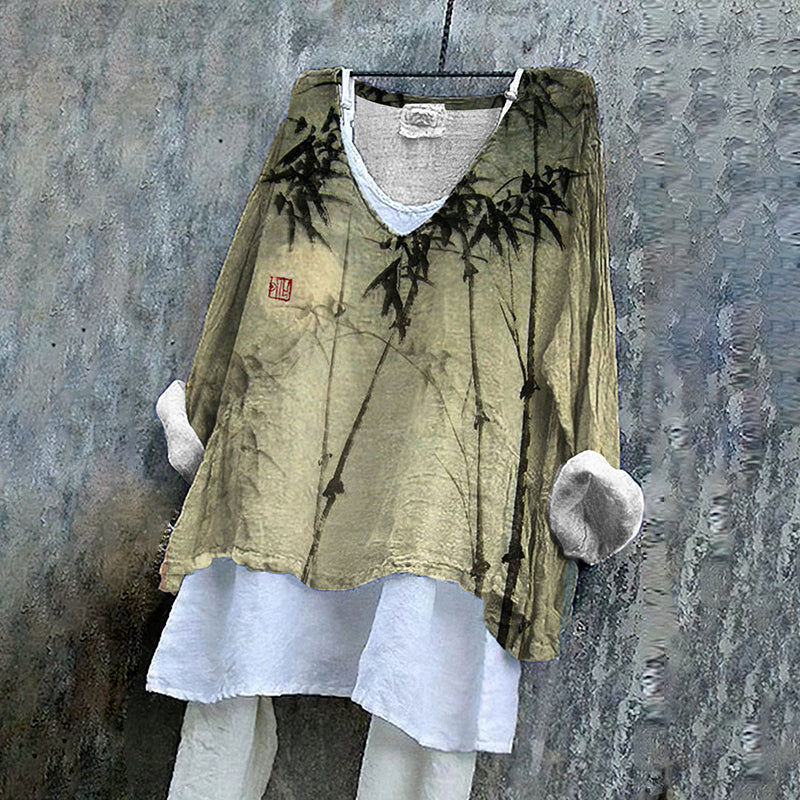 Vintage Bamboo Leaf V Neck Linen Blend Shirt