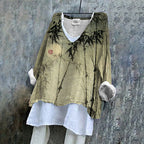 Vintage Bamboo Leaf V Neck Linen Blend Shirt