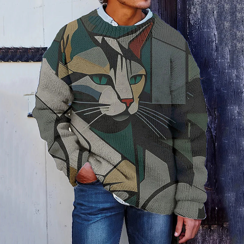 Men'S Abstract Fun Geometric Cat Art Print Knit Sweatshirt