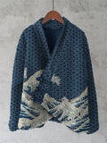 Great Wave Japanese Sea Waves Pattern Cozy Fleece Kimono Cardigan