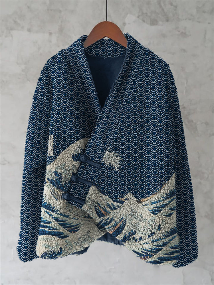 Great Wave Japanese Sea Waves Pattern Cozy Fleece Kimono Cardigan