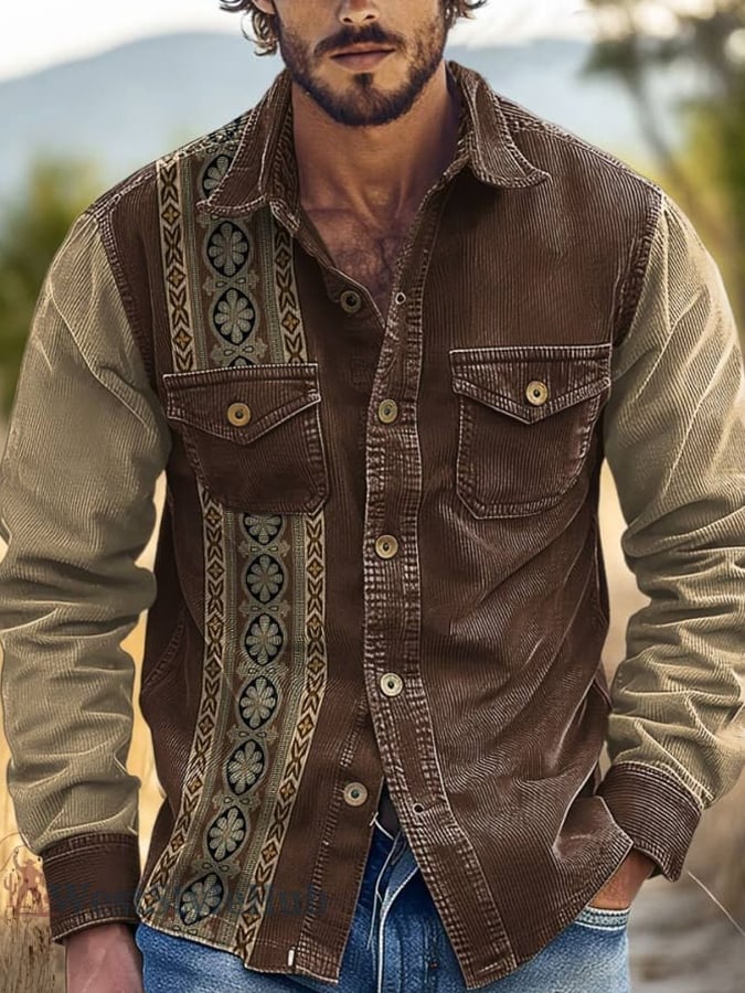 Men's Retro Geometric Pattern Art  Print Corduroy Shirt