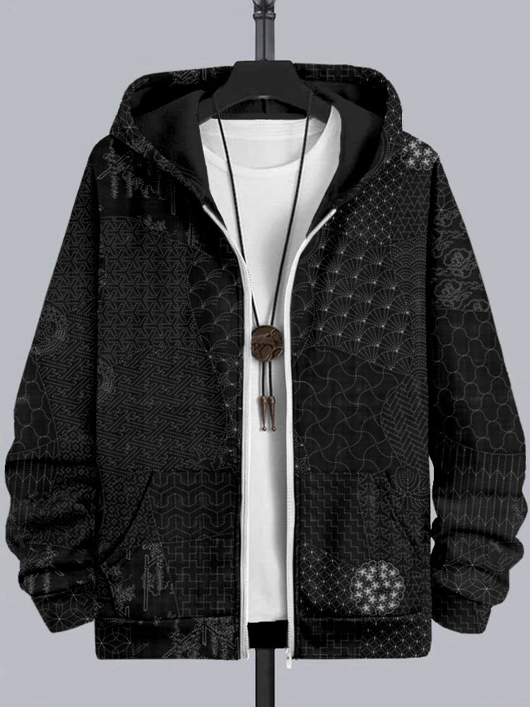 Men's Japanese Traditional Sashiko Art Comfy Full Zip Hoodie