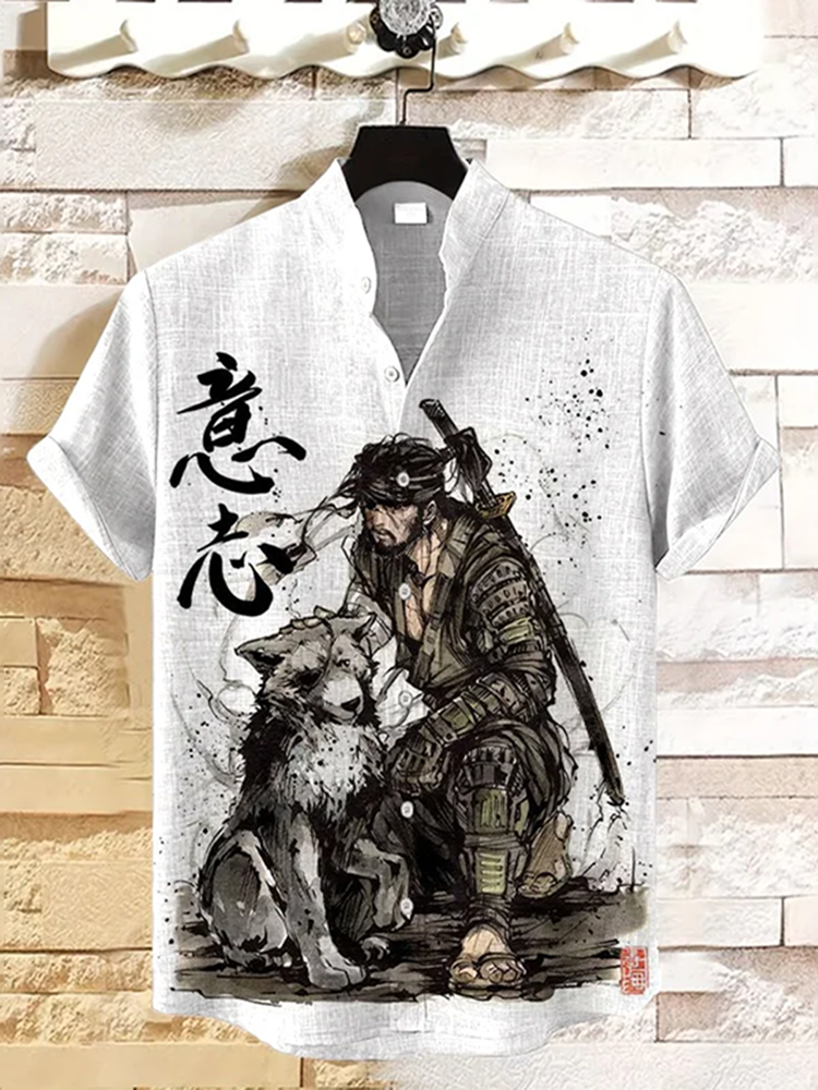 Men'S Samurai Ronin With His Wolf Japanese Art Linen Blend Shirt