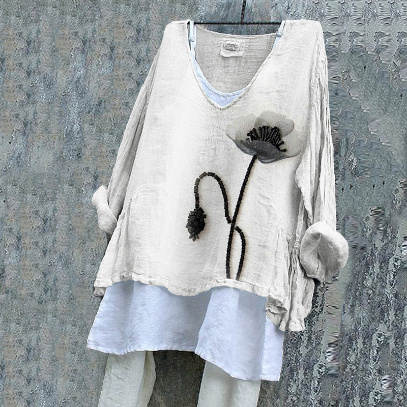 Black Poppy Flower Beaded Fiber Art Linen Blend Tunic