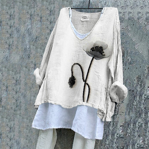 Black Poppy Flower Beaded Fiber Art Linen Blend Tunic