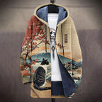 Men'S Japanese Cherry Blossom And Cat Print Plush Jacket