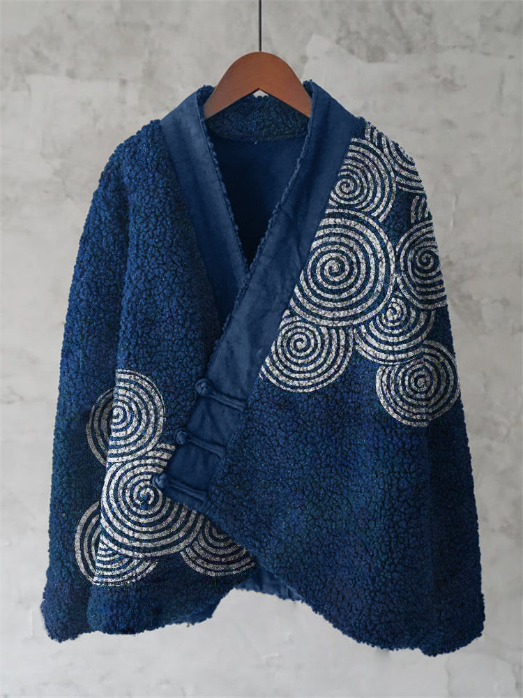 Japanese Sea Waves Ripples Lino Art Cozy Fleece Kimono Cardigan