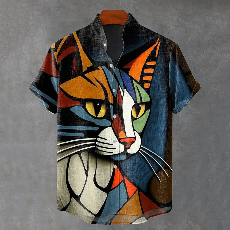 Cat Abstract Art Print Linen Blend Cozy Shirt