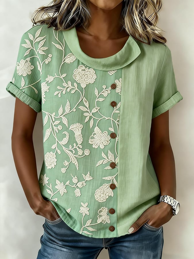 Women's Casual Color Block Print Short-Sleeve Top