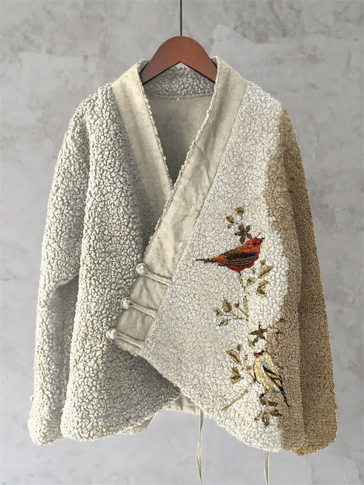 Retro Gilded Birds Japanese Art Fleece Kimono Cardigan